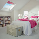 Kid's room with a fixed skylight and pink blinds