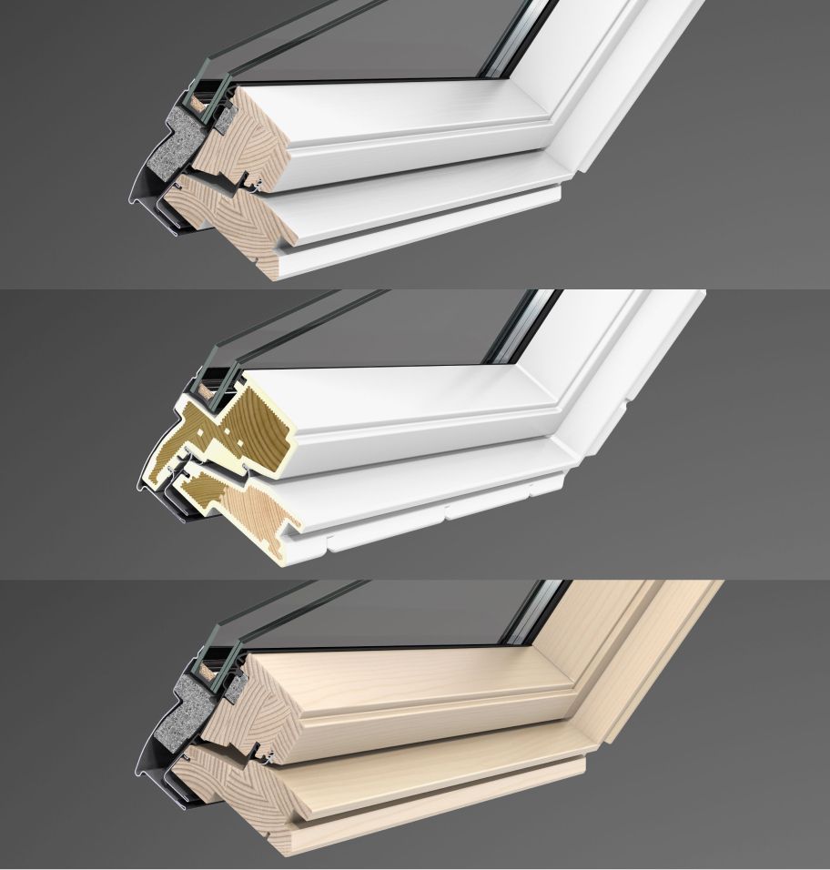 Trois cadres de fenêtres de toit VELUX différents: peinture blanche, polyuréthane blanc ou pin.